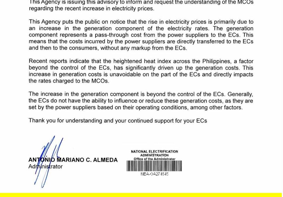 PANUGYAN SANG NATIONAL ELECTRIFICATION ADMINISTRATION ANGUT SA PAGTAAS SANG KURYENTE